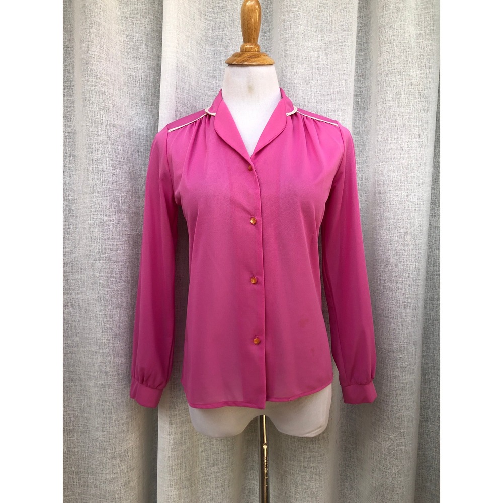 1960's stretch polyester white lace trim hot pink, fuchsia, magenta blouse